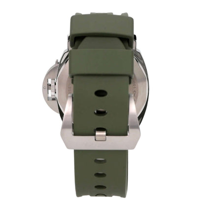 Panerai Luminor Base Logo 44 PAM01087 mit grünem Kautschukband und Edelstahlgehäuse, Rückansicht