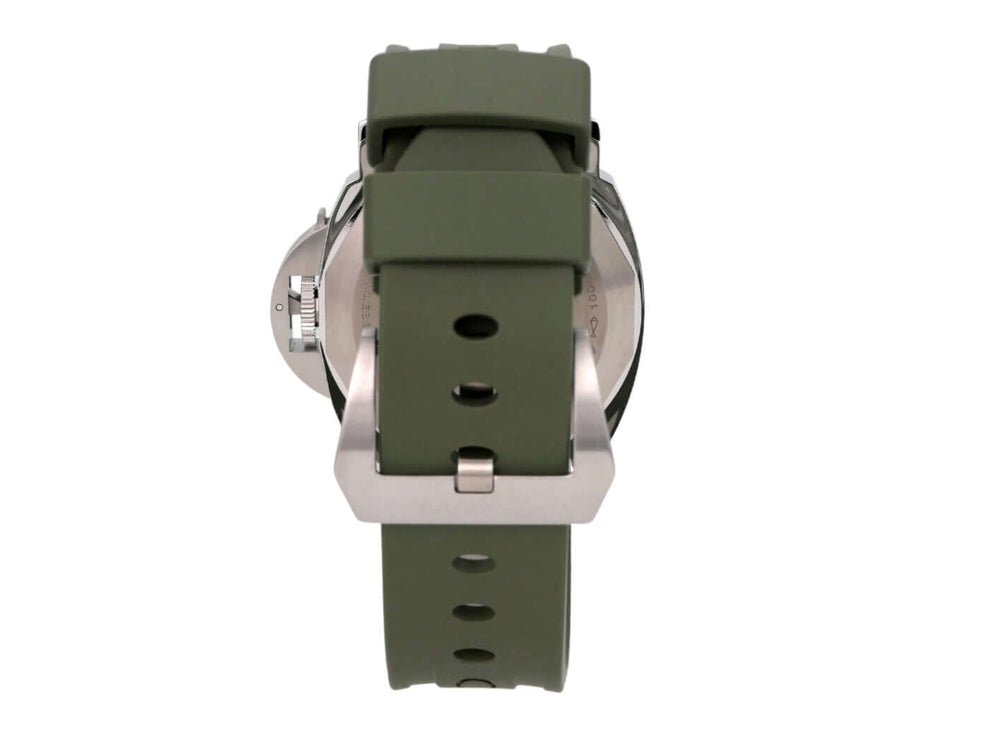 Panerai Luminor Base Logo 44 PAM01087 mit grünem Kautschukband und Edelstahlgehäuse, Rückansicht