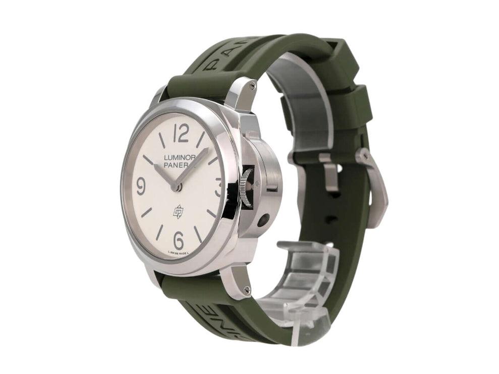 Panerai Luminor Base Logo 44 PAM01087 Uhr mit grünem Kautschukband und weißem Zifferblatt.