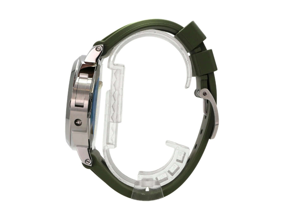 Panerai Luminor Base Logo 44 PAM01087 seitliche Ansicht mit grünem Kautschukband und Edelstahlgehäuse
