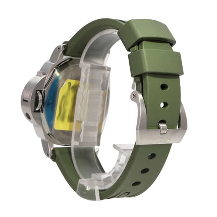 Panerai Luminor Base Logo 44 PAM01087 Uhr mit grünem Kautschukband und Edelstahlgehäuse seitlich