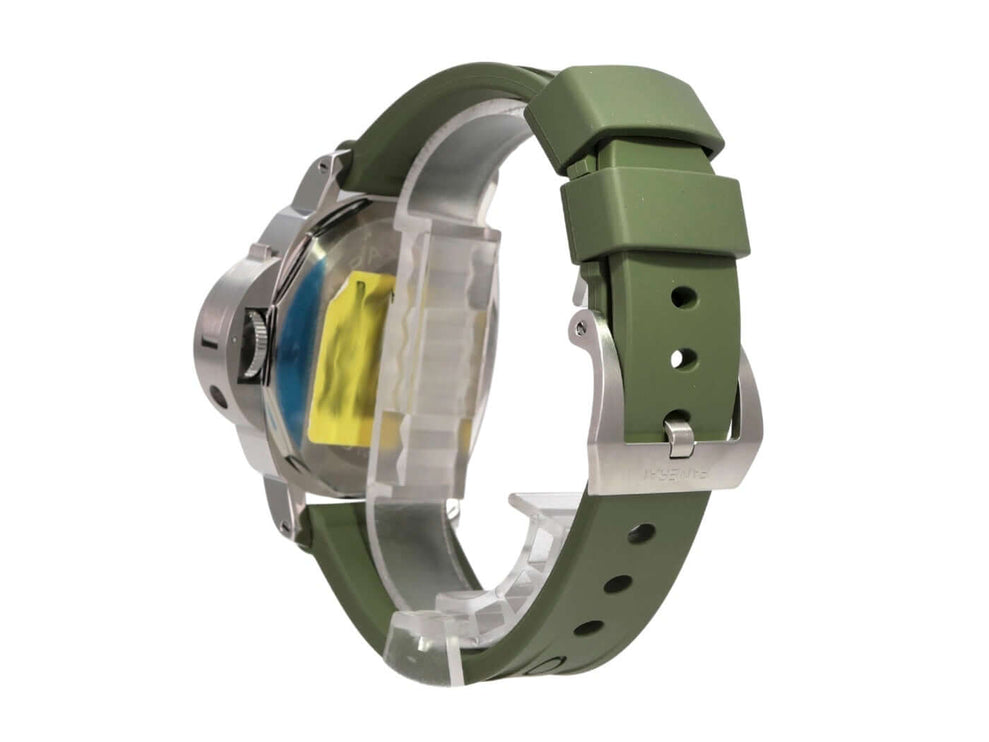 Panerai Luminor Base Logo 44 PAM01087 Uhr mit grünem Kautschukband und Edelstahlgehäuse seitlich