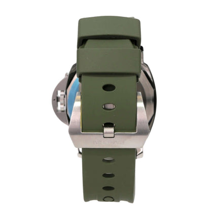 Panerai Luminor Base Logo 44 PAM01087 mit grünem Kautschukband und polierter Edelstahlbügel.