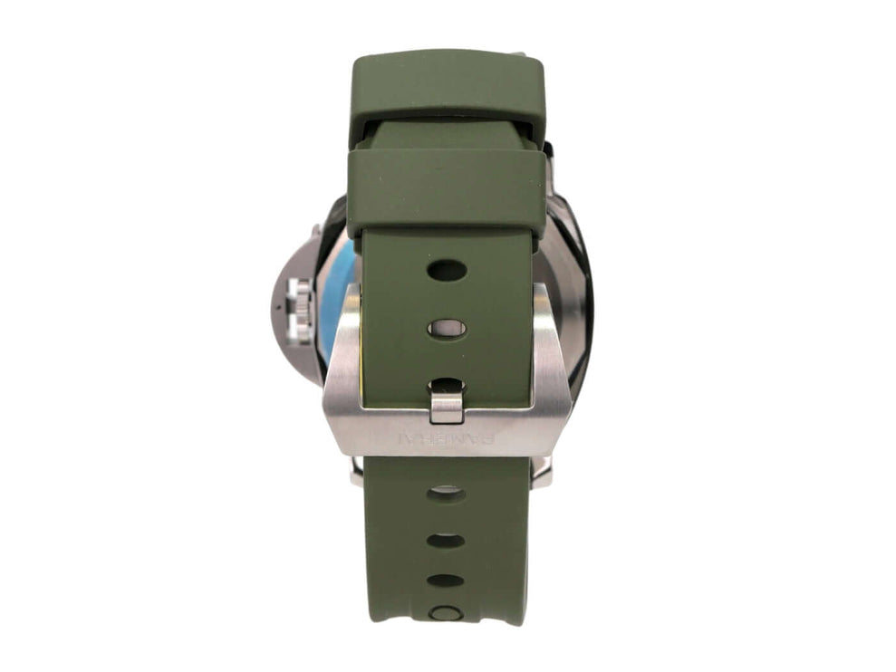 Panerai Luminor Base Logo 44 PAM01087 mit grünem Kautschukband und polierter Edelstahlbügel.