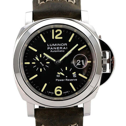 Panerai Luminor Power Reserve PAM01090 Automatikuhr mit Edelstahlgehäuse, schwarzem Zifferblatt und braunem Lederarmband