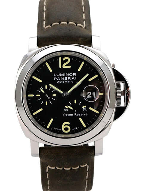 Panerai Luminor Power Reserve PAM01090 Automatikuhr mit Edelstahlgehäuse, schwarzem Zifferblatt und braunem Lederarmband