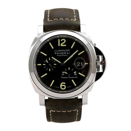 Panerai Luminor Power Reserve PAM01090 Uhr mit schwarzem Zifferblatt, Edelstahlgehäuse und braunem Lederarmband