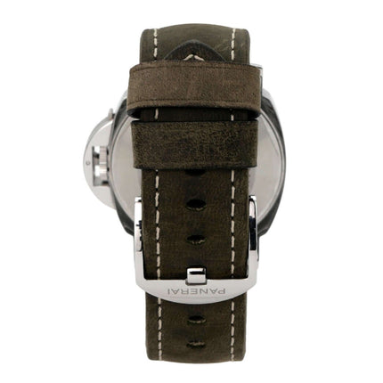 Panerai Luminor Power Reserve PAM01090 Rückansicht mit braunem Lederarmband, Edelstahlgehäuse und Panerai-Schließe