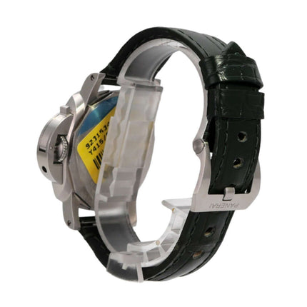 Panerai Luminor Marina Quaranta PAM01304 mit grünem Lederarmband und Edelstahlgehäuse, Seitenansicht.
