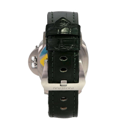 Panerai Luminor Marina Quaranta PAM01304 mit grünem Lederarmband und Edelstahl-Gehäuse, Ansicht von oben.