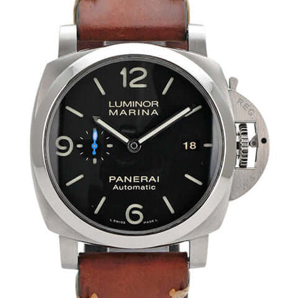 Panerai Luminor Marina 1950 PAM01312, Automatikuhr, Edelstahl, braunes Lederarmband, schwarzes Zifferblatt, 44 mm