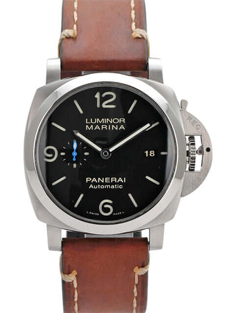 Panerai Luminor Marina 1950 PAM01312, Automatikuhr, Edelstahl, braunes Lederarmband, schwarzes Zifferblatt, 44 mm