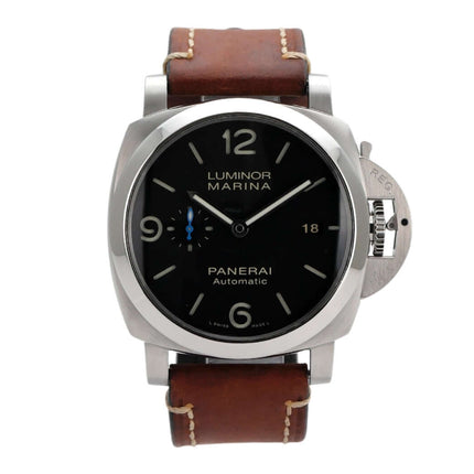 Panerai Luminor Marina 1950 PAM01312, automatische Uhr mit schwarzem Zifferblatt und braunem Lederarmband.
