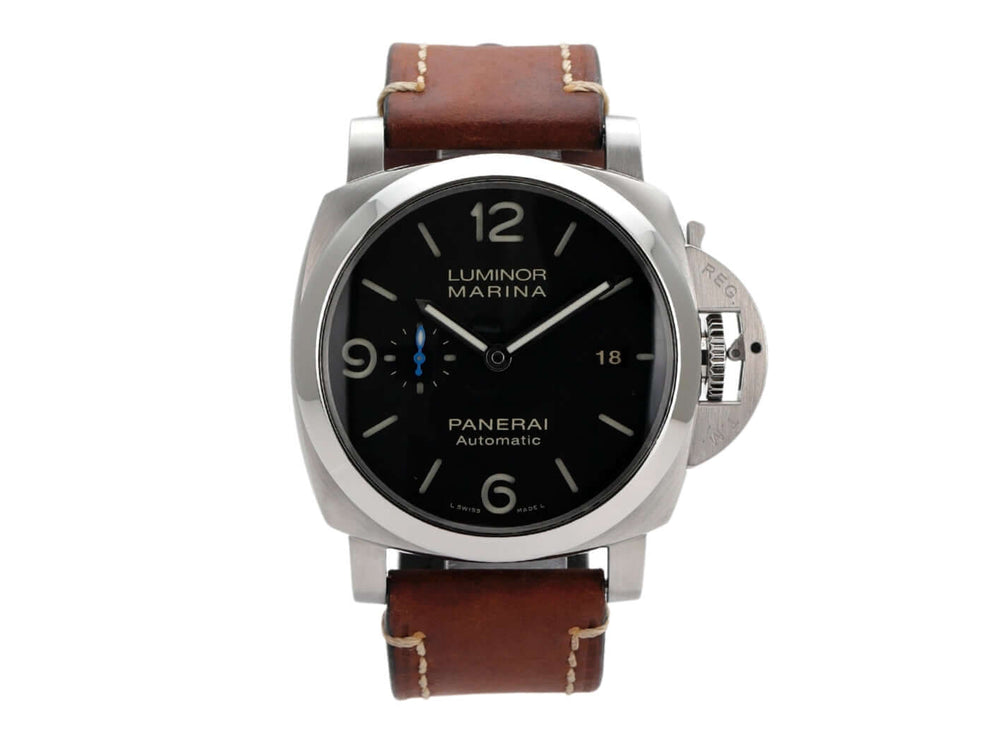 Panerai Luminor Marina 1950 PAM01312, automatische Uhr mit schwarzem Zifferblatt und braunem Lederarmband.