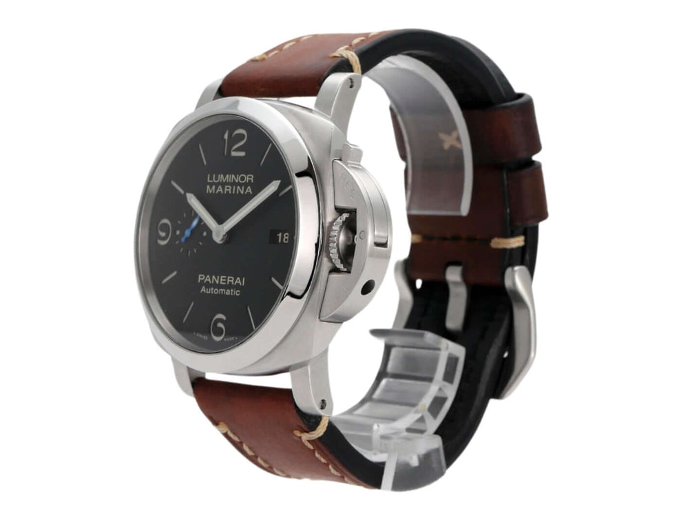 Panerai Luminor Marina 1950 PAM01312 Automatikuhr mit schwarzem Zifferblatt und braunem Lederarmband aus Edelstahl.
