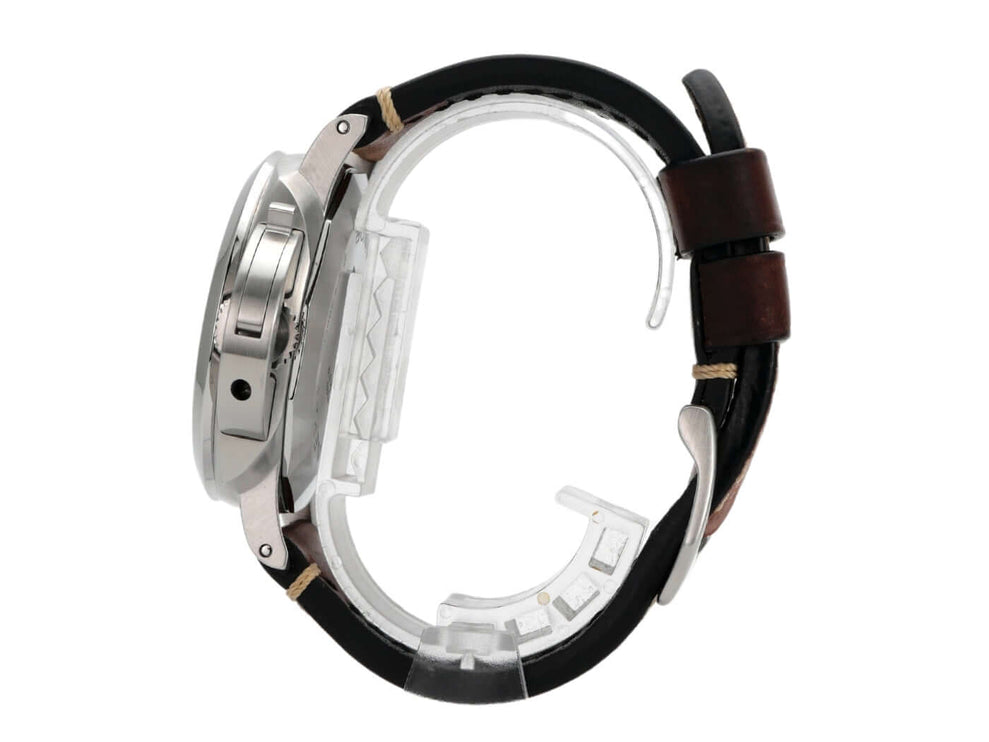 Panerai Luminor Marina 1950 PAM01312 Automatik Uhr mit braunem Lederarmband und Edelstahlgehäuse von der Seite