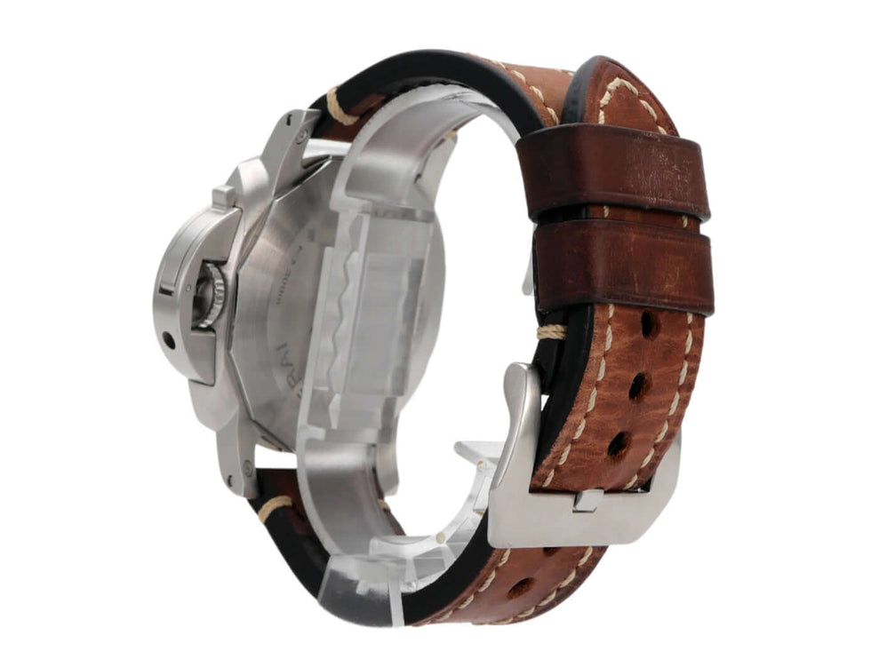 Panerai Luminor Marina 1950 PAM01312 Uhr mit braunem Lederarmband und Edelstahl-Schließe, seitliche Ansicht.