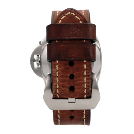 Panerai Luminor Marina 1950 PAM01312 mit braunem Lederarmband und Edelstahl-Dornschließe, Rückansicht.