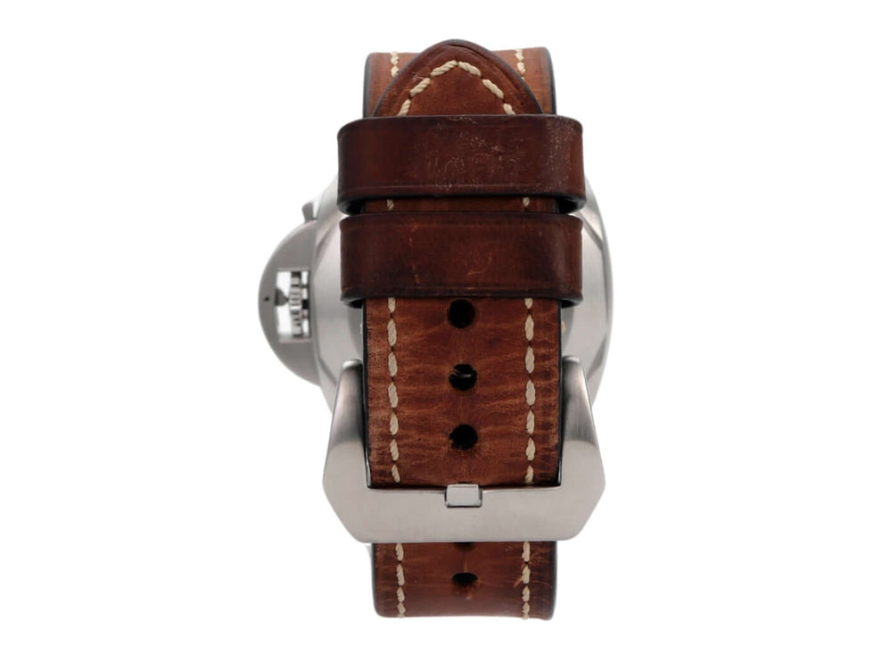 Panerai Luminor Marina 1950 PAM01312 mit braunem Lederarmband und Edelstahl-Dornschließe, Rückansicht.