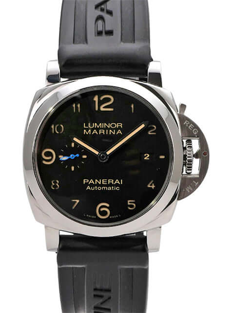 Panerai Luminor Marina Automatic PAM01359, schwarzes Zifferblatt, Edelstahlgehäuse, schwarzes Lederarmband, 44 mm Gehäusedurchmesser.