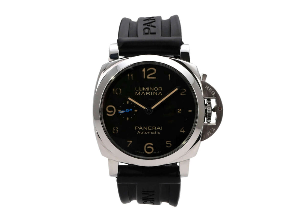 Panerai Luminor Marina 1950 Automatik Uhr PAM01359 mit schwarzem Zifferblatt und schwarzem Gummiband.