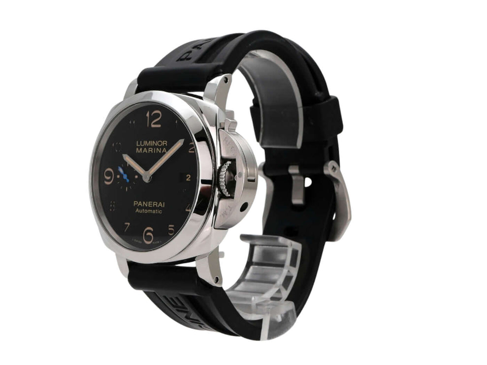 Panerai Luminor Marina 1950 PAM01359 Automatik-Uhr mit schwarzem Zifferblatt und schwarzem Gummiarmband.
