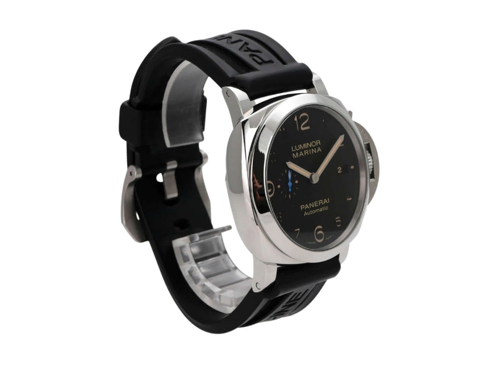 Panerai Luminor Marina 1950 Automatik Uhr PAM01359 mit schwarzem Zifferblatt und Lederarmband.