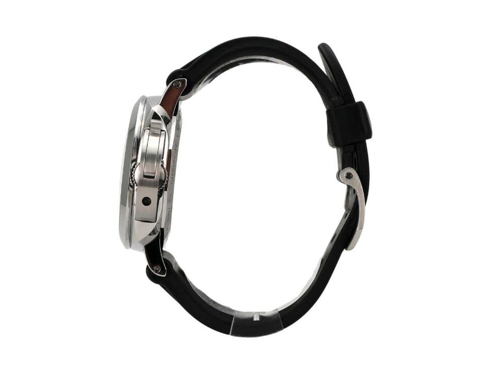 Panerai Luminor Marina 1950 PAM01359 Uhr seitliche Ansicht mit schwarzem Lederarmband und Edelstahl-Gehäuse.