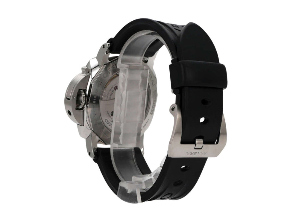 Panerai Luminor Marina PAM01359 Uhr, schwarze Lederarmband, Gehäuseansicht, Automatikwerk sichtbar.