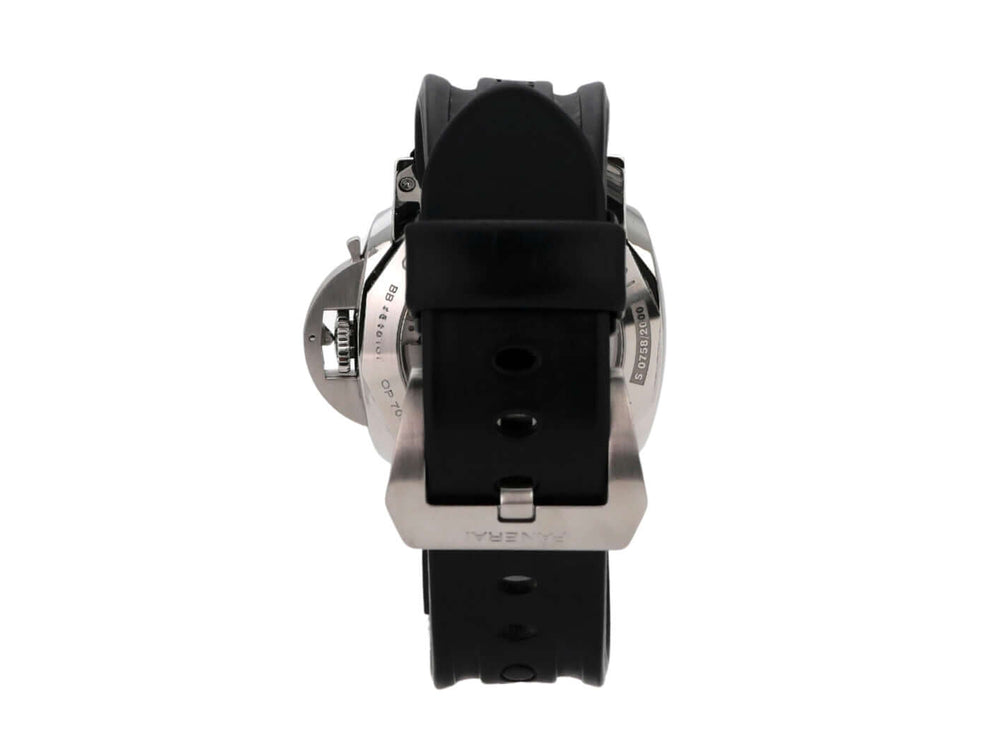 Rückansicht der Panerai Luminor Marina 1950 PAM01359 mit schwarzem Lederarmband und Edelstahl-Gehäuse.