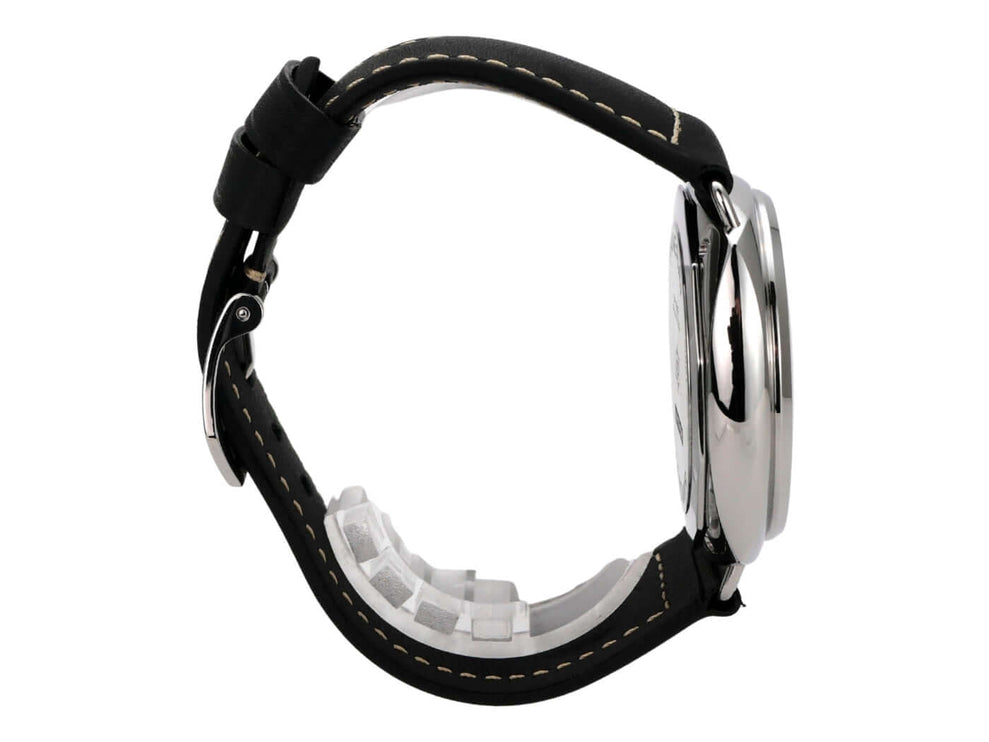 Panerai Radiomir Officine PAM01382 seitliche Ansicht mit schwarzem Lederarmband und Edelstahlgehäuse.