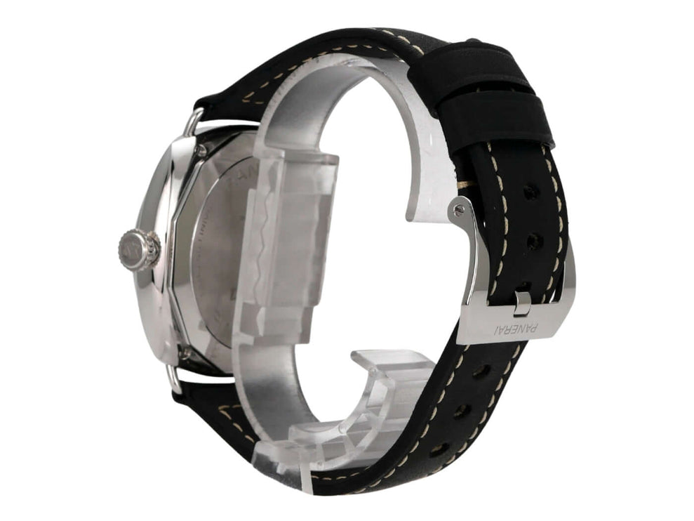 Panerai Radiomir Officine PAM01382 Uhr von hinten mit schwarzem Lederarmband und Edelstahlgehäuse.