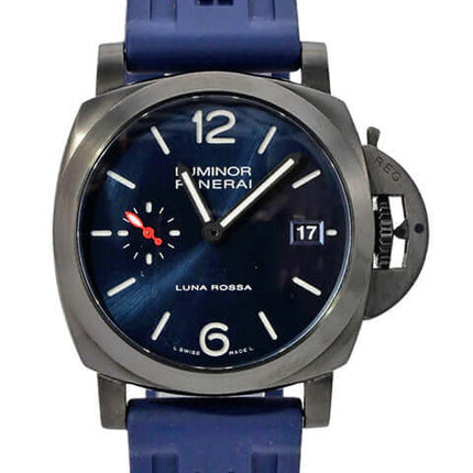Panerai Luminor Quaranta Steel DLC Luna Rossa PAM01408 Uhr mit blauem Zifferblatt und Kautschukband