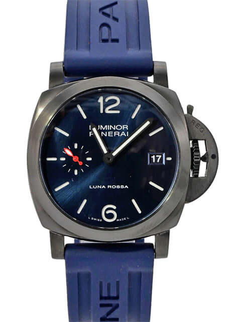 Panerai Luminor Quaranta Steel DLC Luna Rossa PAM01408 Uhr mit blauem Zifferblatt und Kautschukband