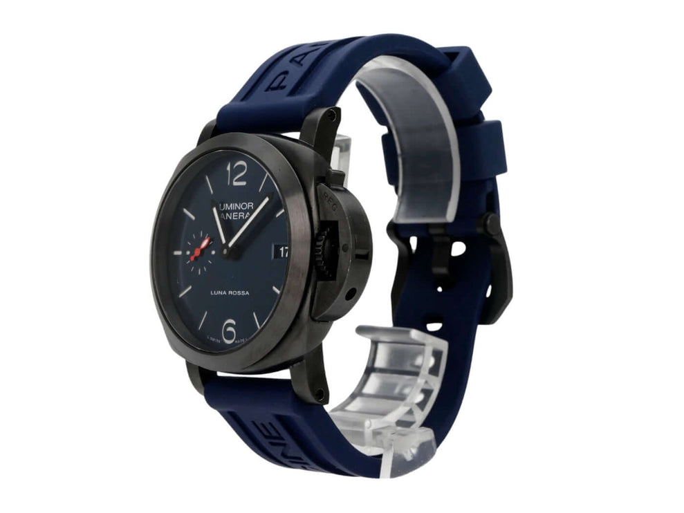 Panerai Luminor Quaranta Steel DLC Luna Rossa PAM01408 Uhr mit blauem Kautschukband und satiniertem Gehäuse