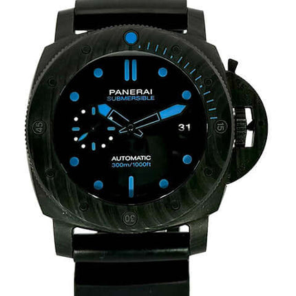 Panerai Luminor Submersible Carbotech PAM01616, schwarzes Zifferblatt, schwarze Lünette, schwarzes Kautschukarmband, blaue Indizes