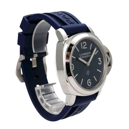 Panerai Luminor Base Logo 44 PAM01623 mit schwarz Zifferblatt und blauem Kautschukband, Edelstahlgehäuse.