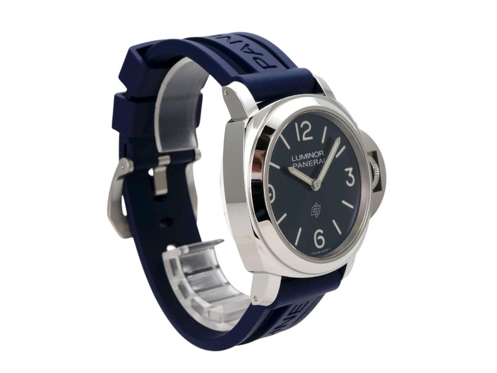Panerai Luminor Base Logo 44 PAM01623 mit schwarz Zifferblatt und blauem Kautschukband, Edelstahlgehäuse.
