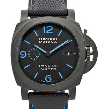 Panerai Luminor Marina 44 Carbotech PAM01661, schwarzes Zifferblatt, fluoreszierende Zahlen, schwarzes Textilarmband.