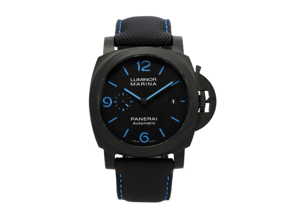 Panerai Luminor Marina 44 Carbotech PAM01661 mit schwarzem Zifferblatt und blauem Textilarmband