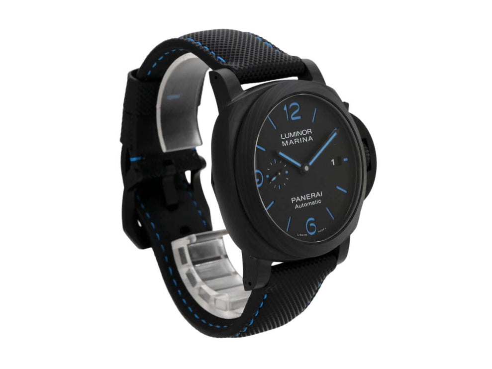 Panerai Luminor Marina 44 Carbotech PAM01661, schwarze Uhr mit Textilarmband und fluoreszierenden Ziffern, 2022 Modell.