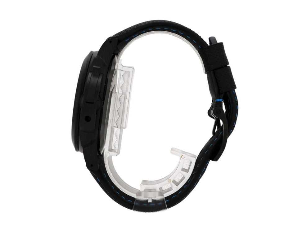 Seitenansicht der Panerai Luminor Marina 44 Carbotech PAM01661 mit schwarzem Textilarmband und Carbotech-Gehäuse.