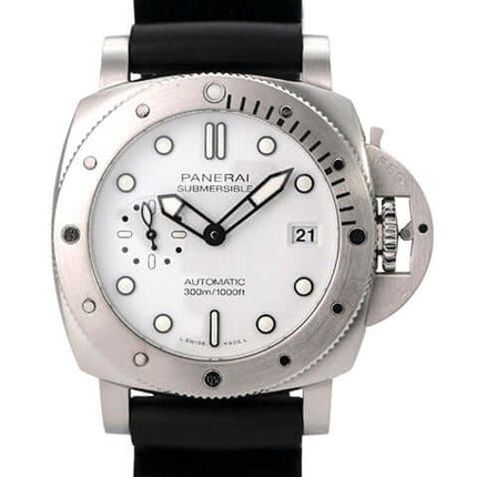 Panerai Submersible Automatic 42 PAM02223 Uhr mit weißem Zifferblatt und Kautschukband