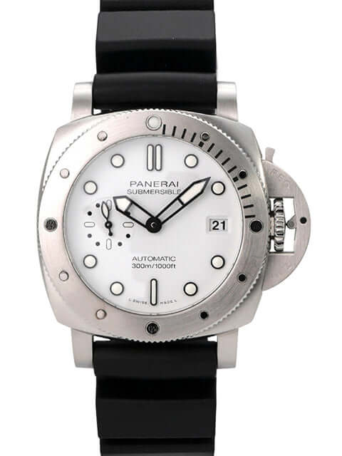 Panerai Submersible Automatic 42 PAM02223 Uhr mit weißem Zifferblatt und Kautschukband