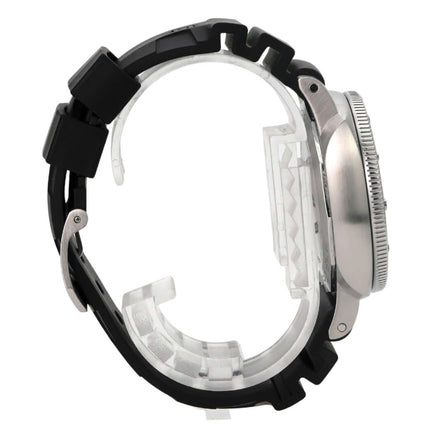 Panerai Submersible Automatic 42 PAM02223 seitliche Ansicht des Edelstahlgehäuses und Kautschukbandes.