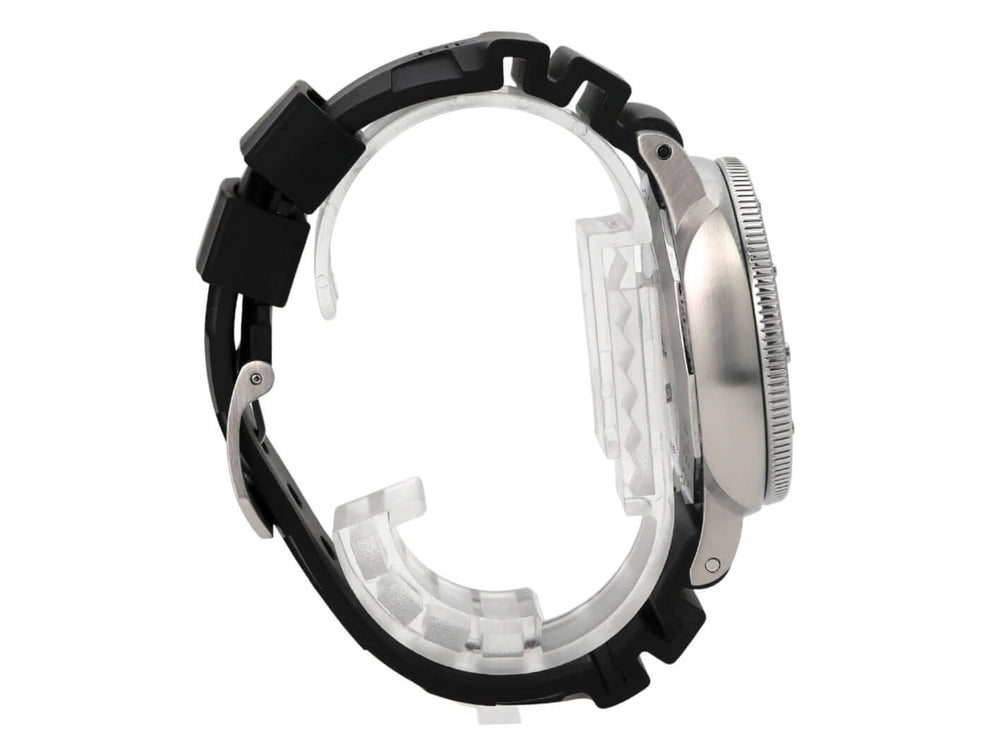 Panerai Submersible Automatic 42 PAM02223 seitliche Ansicht des Edelstahlgehäuses und Kautschukbandes.