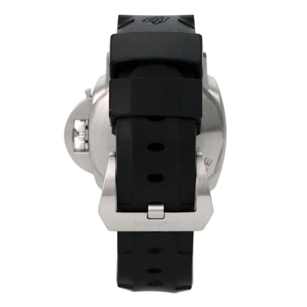 Panerai Submersible Automatic 42 PAM02223 Detailansicht Rückseite mit schwarzem Kautschukband und Edelstahl-Schließe.