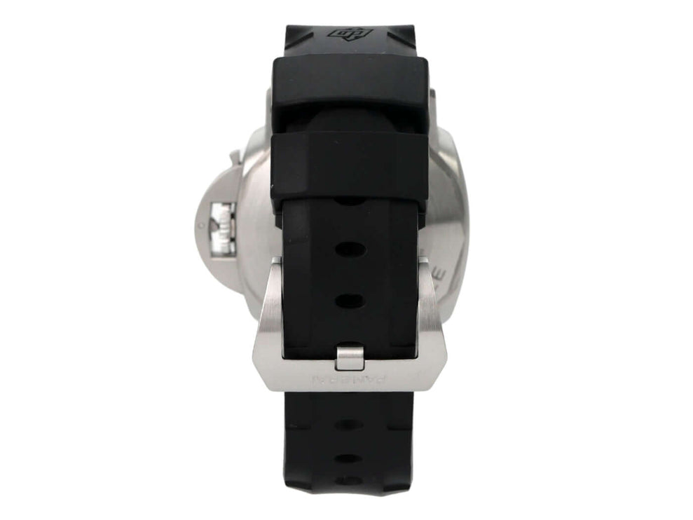 Panerai Submersible Automatic 42 PAM02223 Detailansicht Rückseite mit schwarzem Kautschukband und Edelstahl-Schließe.