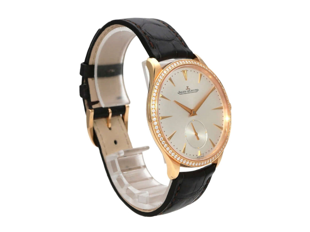Jaeger-LeCoultre Master Grande Ultra Thin Q1272501 Uhr mit 18 kt Roségold Gehäuse, braunem Alligatorlederband und Diamantlünette.