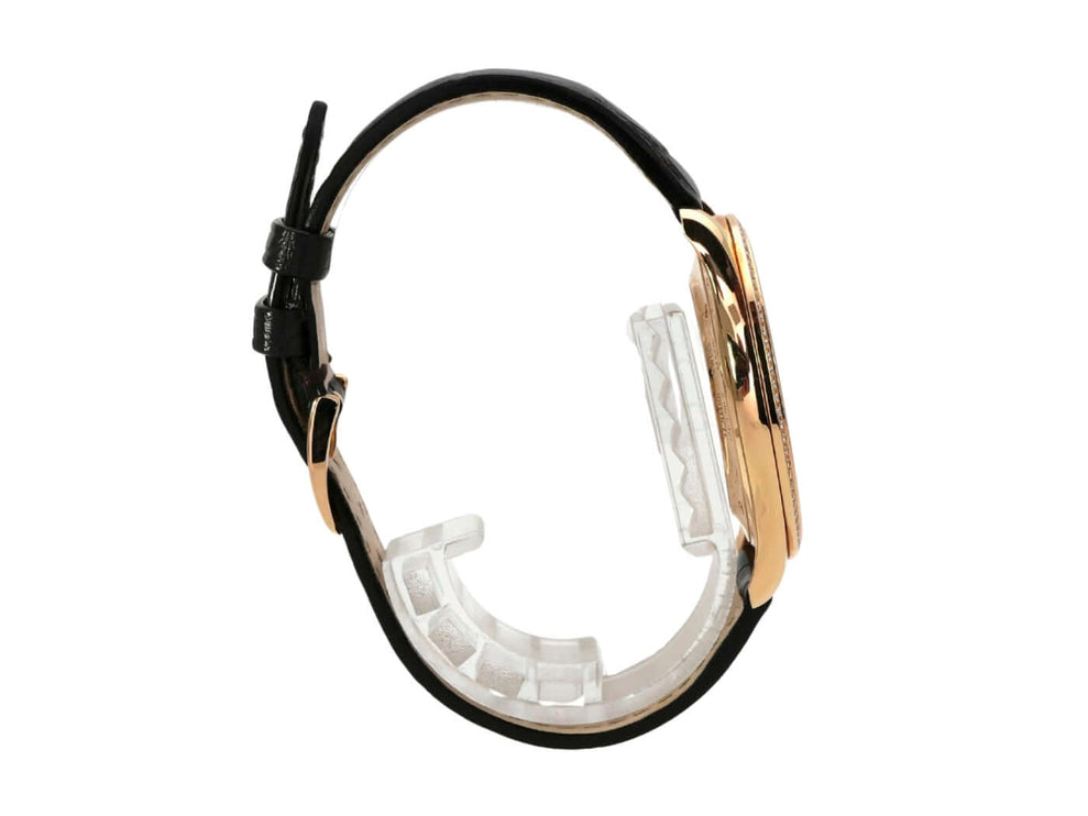 Jaeger-LeCoultre Master Grande Ultra Thin Q1272501, seitliche Ansicht mit braunem Alligatorlederband und poliertem Roségold-Gehäuse.